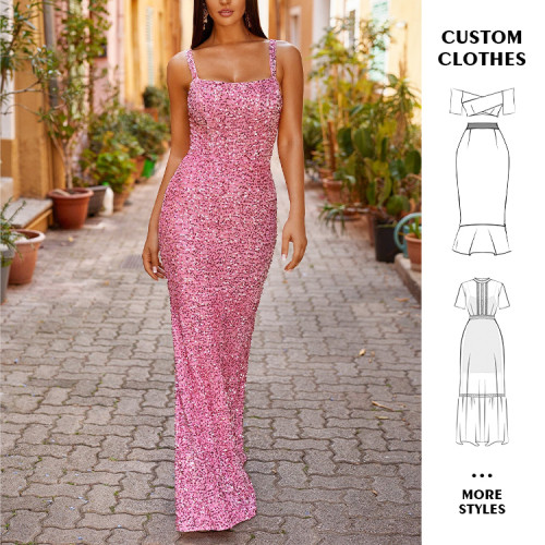 Custom dress | Pink sequin dress | High waist slim dresses | High split dress | Elegant dresses
