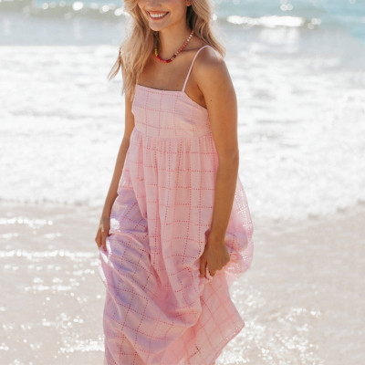 Clothing Factory | Pink strap maxi dress | High-waisted A-line dress | Beach vacation dress | Cotton