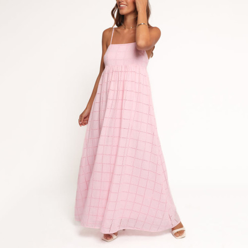 Clothing Factory | Pink strap maxi dress | High-waisted A-line dress | Beach vacation dress | Cotton