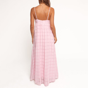 Clothing Factory | Pink strap maxi dress | High-waisted A-line dress | Beach vacation dress | Cotton