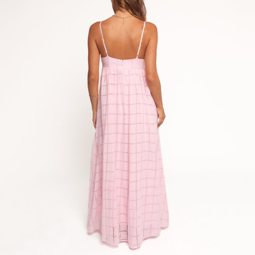 Clothing Factory | Pink strap maxi dress | High-waisted A-line dress | Beach vacation dress | Cotton