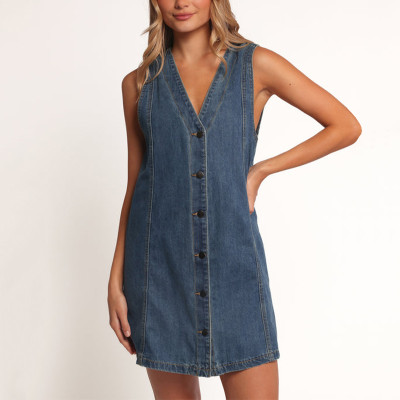 Summer sleeveless dress | Blue straight denim dress | American minimalist short dress | Dress makers