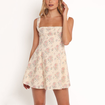 French square neck short dress | Strapless floral print dress | Cotton linen dress | Dress supplier