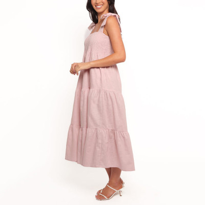 Pink strappy dress | French wrinkled high-waist dress | Summer cotton long dress | Clothing supplier