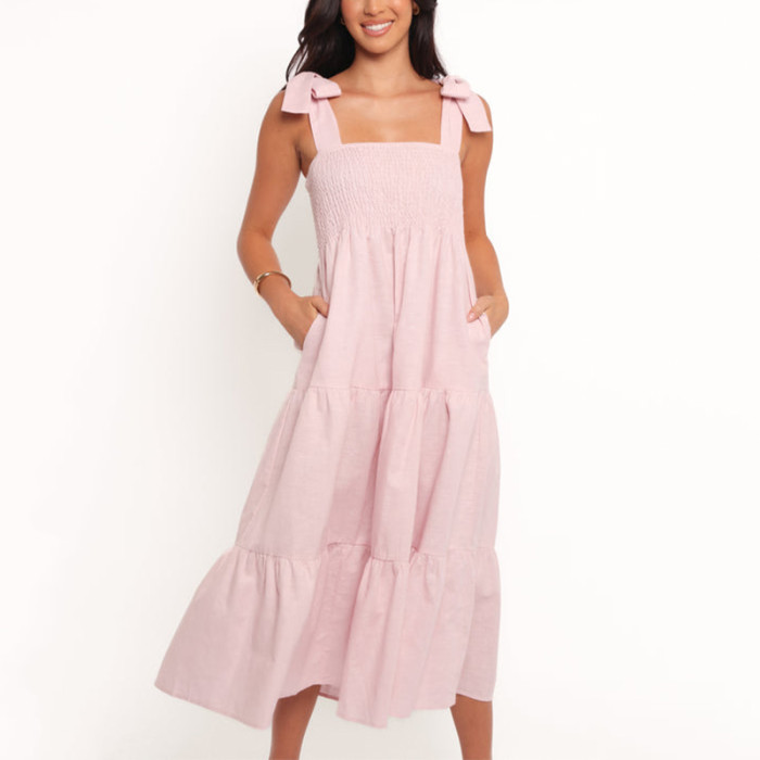 Pink strappy dress | French wrinkled high-waist dress | Summer cotton long dress | Clothing supplier
