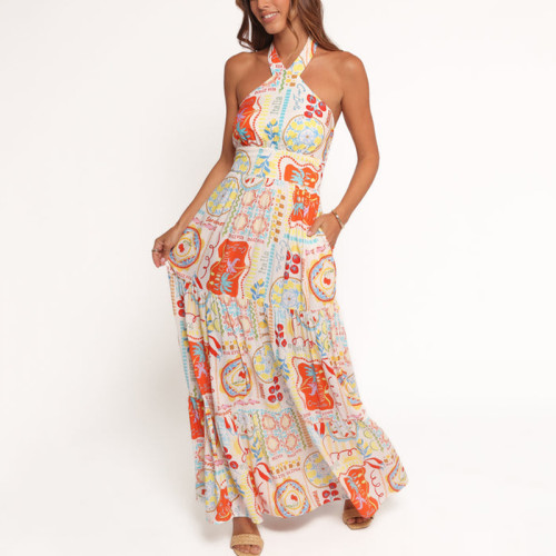 Halter neck summer maxi dress | Bohemian print dress | Sexy sleeveless vacation dress | Dress makers