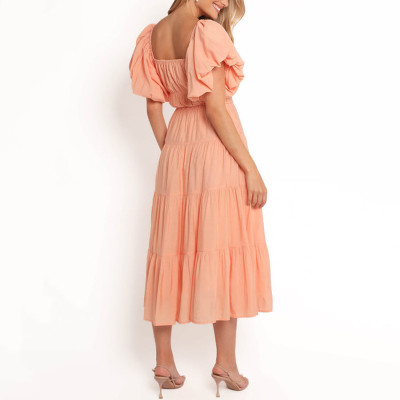 Puff sleeve midi dresses | Square neck summer dress | Orange tiered sundress | Garments manufacturer