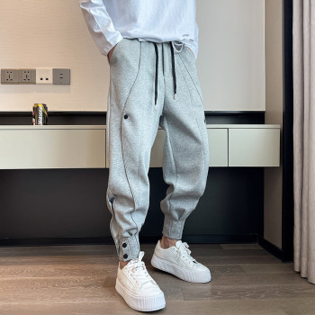 Brand Men's Casual Sports Pants Fashion Bind feet Button Outdoors Men Elastic Zipper Bunched Foot Trousers