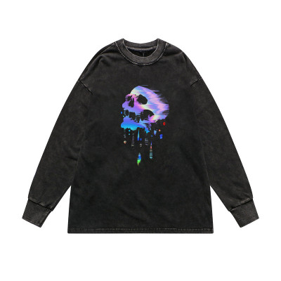 Hot Selling Acid Wash Sweatshirt Manufacturing | 100% Cotton Men's Oversized Sweatshirt in Stock | High Street Casual Reflective Printing Sweatshirt