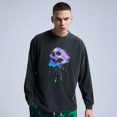 Hot Selling Acid Wash Sweatshirt Manufacturing | 100% Cotton Men's Oversized Sweatshirt in Stock | High Street Casual Reflective Printing Sweatshirt