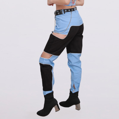 Custom Fashion Mistigris Characteristic Pant Women's Black With Blue Patchwork Pant Zipper Streetwear Trousers