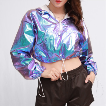 Custom Women's Dazzle Color Reflective Hoodies|In Store Short Hoodies|Wholesale Spring And Autumn Hoodies