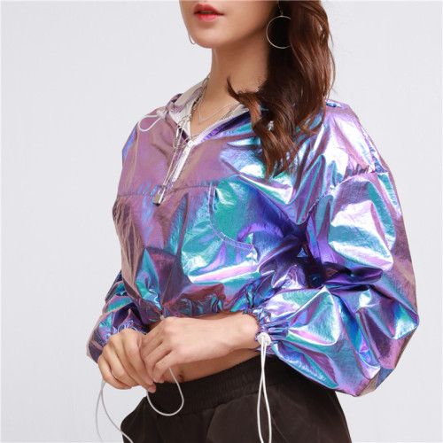 Custom Women's Dazzle Color Reflective Hoodies|In Store Short Hoodies|Wholesale Spring And Autumn Hoodies