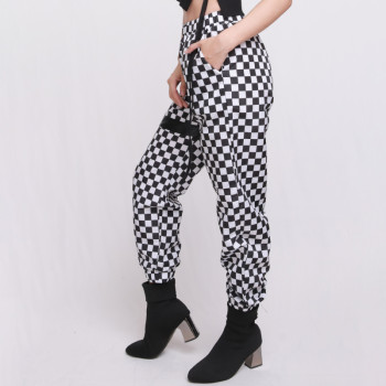 Custom Women White And Black Plaid Pant Left Leg With Black Belt Trousers Casual Mistigris Street Dance Sweatpant