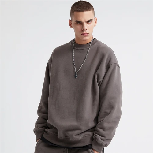Custom Men's Solid Color Round Neck Hoodie Trendy Loose Pullover Hoodie Plush  Men's Hoodie