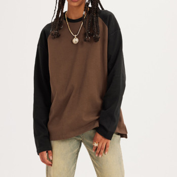 Custom Men's Contrast Sweatshirts| American Style Splicing Color Top Slit Long Sleeve T-Shirt Retro Fashion Pair Loose Casual Top