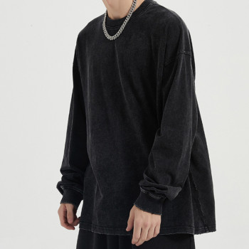 Custom Men's Trendy Casual Worn Edged Vintage Long-Sleeved T-Shirt Men  Loose Oversize Basic Wash Top