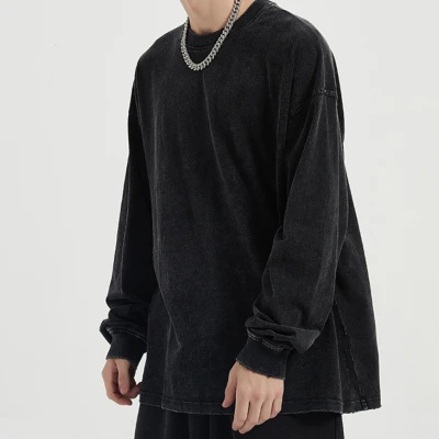 Custom Men's Trendy Casual Worn Edged Vintage Long-Sleeved T-Shirt Men  Loose Oversize Basic Wash Top