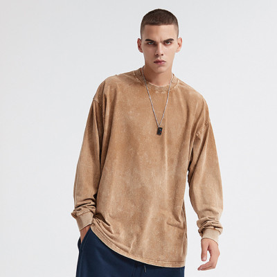Custom Men's Long Sleeve T-Shirt 10 color Autumn  Winter Pure Color Wash Old High Street Hip Hop Casual Top