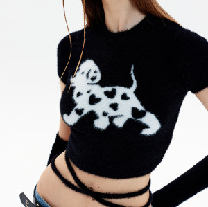 Custom Women's Knit Crop Top| Imitation Mink Hair Puppy Pattern Trendy Casual Short Sleeve Raglan Sleeve Top