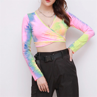 Custom Women's Tie-dye T-shirts| V-neck Women's T-shirts Manufacturer| 2022 New Long Sleeve T-shirts From Rainbow Touches