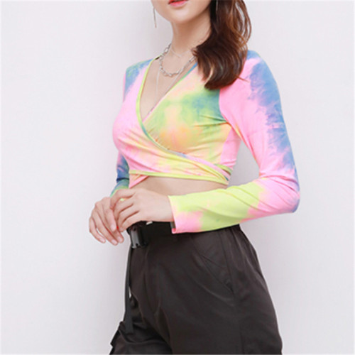 Custom Women's Tie-dye T-shirts| V-neck Women's T-shirts Manufacturer| 2022 New Long Sleeve T-shirts From Rainbow Touches