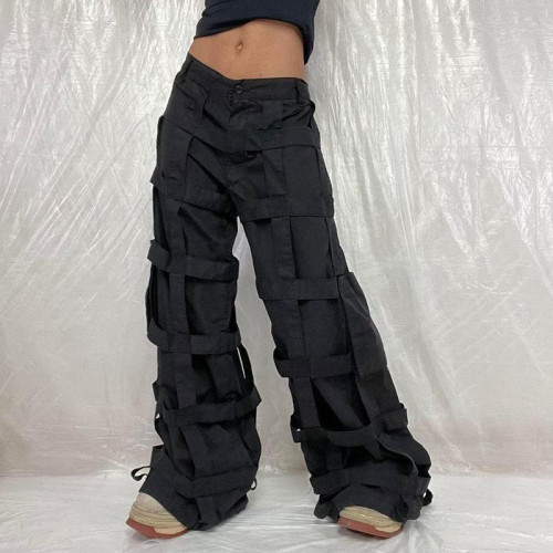 Custom Women's Mesh Stitching Trend Cargo Pants European American Autumn Fashion Casual Women's High Waist Straight Pants