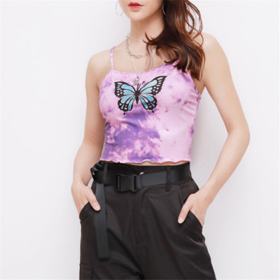 Custom Women's Tie-dye Crop Top| Neckless Women's T-shirts Manufacturer| 2022 New Butterfly Printing Crop Top From Rainbow Touches