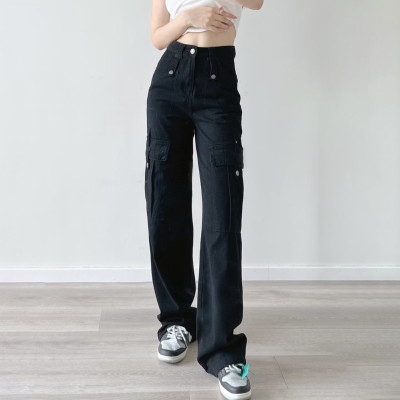 Custom Women's Jeans| High Street Zipper Fly With Pockets Cargo Jeans Manufacturer| High Waist Splicing Jeans For Women