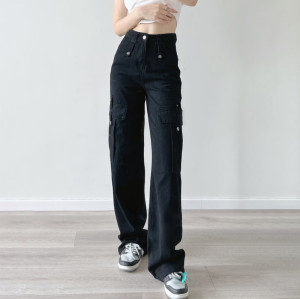 Custom Women's Jeans| High Street Zipper Fly With Pockets Cargo Jeans Manufacturer| High Waist Splicing Jeans For Women