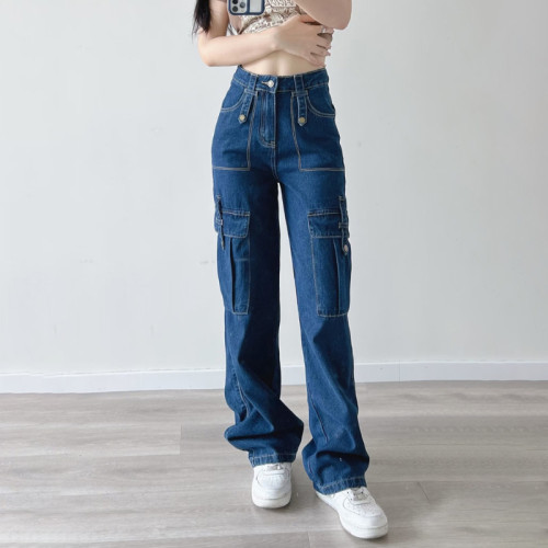 Custom Women's Jeans| High Street Zipper Fly With Pockets Cargo Jeans Manufacturer| High Waist Splicing Jeans For Women