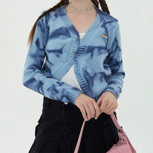 Custom Women's Tie-dyed Diagonal Zipper Cardigan Crop Sweater