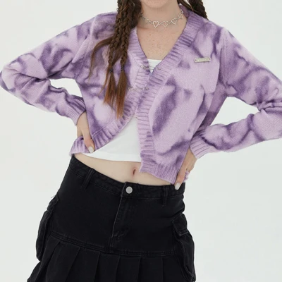 Custom Women's Tie-dyed Diagonal Zipper Cardigan Crop Sweater