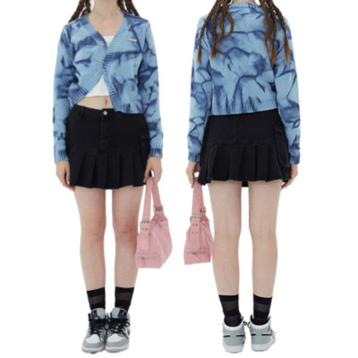 Custom Women's Tie-dyed Diagonal Zipper Cardigan Crop Sweater