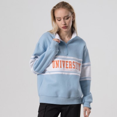 Women's High Street Hoodie Manufacturing| 100% Cotton Contrast Hoodie| Half Zipper And Embossing Print Fashion Hoodie For Women
