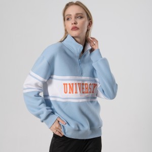 Women's High Street Hoodie Manufacturing| 100% Cotton Contrast Hoodie| Half Zipper And Embossing Print Fashion Hoodie For Women