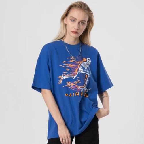 Custom Blue Printing T-shirts| Custom Loose Fit T-shirts| Wholesale Hip-pop Casual T-shirts