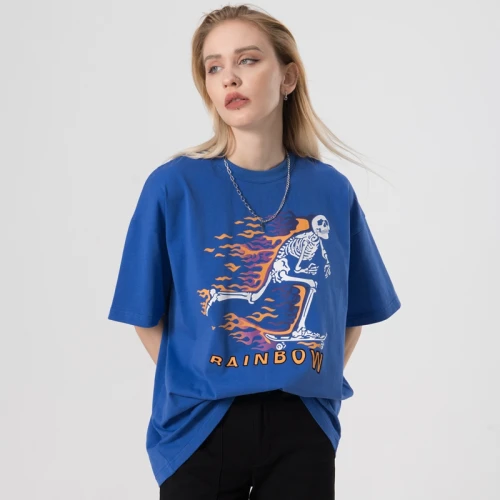 Custom Blue Printing T-shirts| Custom Loose Fit T-shirts| Wholesale Hip-pop Casual T-shirts