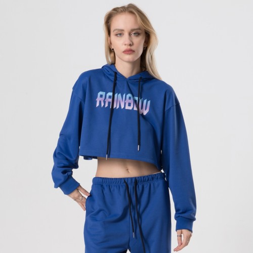 Blue Cropped Printed Hooded