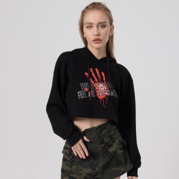 Women's Crop Hoodie Manufacturer| Custom 100% Cotton Offset Print Hoodie | Women's Drawstring High Street Hoodei Factory