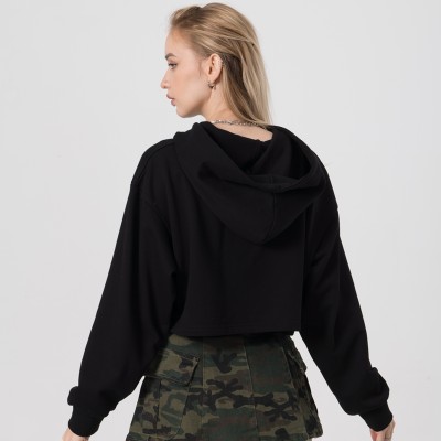 Women's Crop Hoodie Manufacturer| Custom 100% Cotton Offset Print Hoodie | Women's Drawstring High Street Hoodei Factory