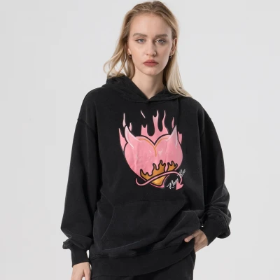 Women's Acid Wash Hooded Manufacturer| Custom 100% Cotton Oversized Hoodie| Custom Women's Heat Transfer Printed Hoodie