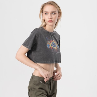 Custom Washed Printing Crop T-shirts| Custom Women's 100% Cotton Crop T-shirts| Wholesale Hip-pop Crop T-shirts