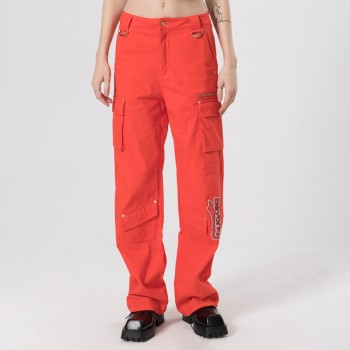 Custom Women's Cargo Pants|Fashion Zippered Pocket Design Pants|2022 Popular Orange Color Cargo Pants|Leg Custom logo Print Pants