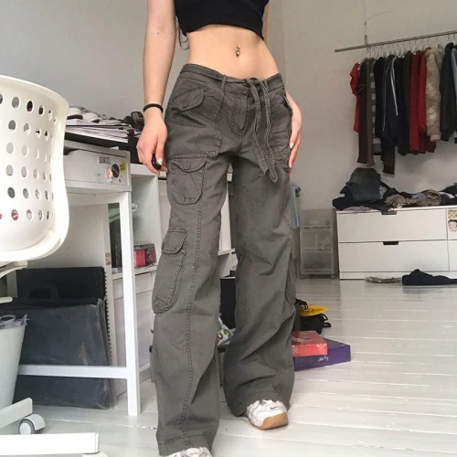 Custom Women's Retro Street Cargo Pants| Custom Multi-pocket Casual Cargo Pants| Wholesale Straight Wide Leg Cargo Pants
