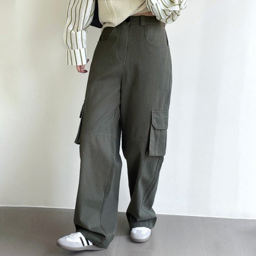 Custom Women's Washed Casual Trousers| Custom Big Pocket Trousers| Wholesale Pule Color Trousers