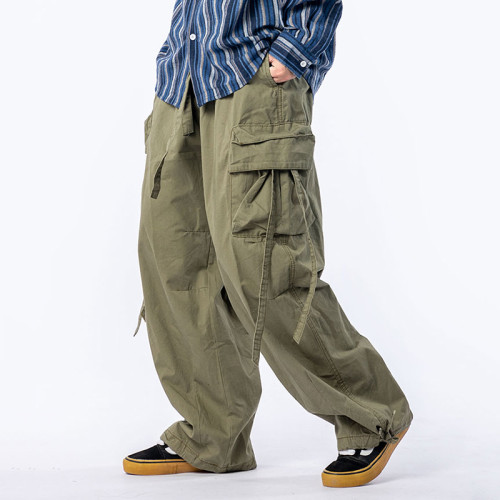 Custom Men's Vintage Streamer Overalls Pant | Army Green Loose Wide Leg Trousers | Mopped Trumpet-Bunched Cargo Pant