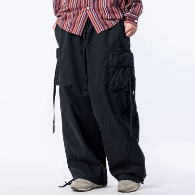 Custom Men's Vintage Streamer Overalls Pant | Army Green Loose Wide Leg Trousers | Mopped Trumpet-Bunched Cargo Pant