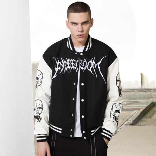 Custom Men's Fashion Jacket|Funny Skull Pattern Jacket|No Smoking and Freedom Theme Jacket|Leather Sleeves Varsity Jacket