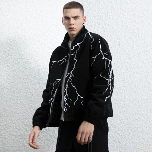 Custom Men's Fashion Jacket|Lightning Embroidered Pattern Jacket|Stand-up Collar Jacket|Corduroy Jacket For Men